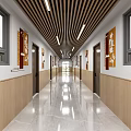 Modern Office Corridor With Linear Ceiling Lights Decorative Wall Paintings And Light Colored Floor