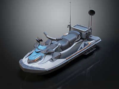 Tactical Patrol Jet Ski With Black Blue Color Scheme Seat Console Roof Antenna And Equipment 3d model