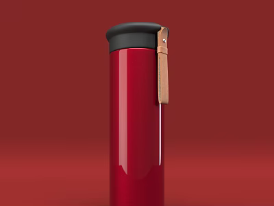 Red Thermos Cup With Black Lid And Brown Leather Strap On Red Background 3d model
