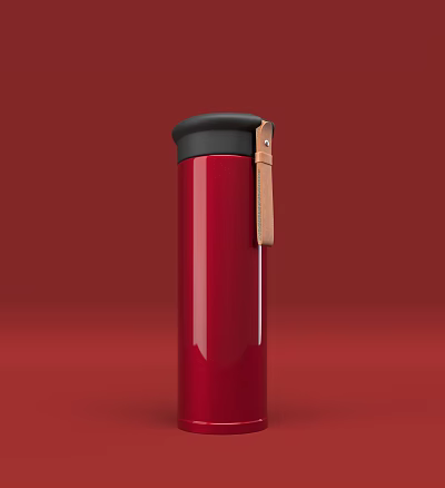 Red Thermos Cup With Black Lid And Brown Leather Strap On Red Background 3d model