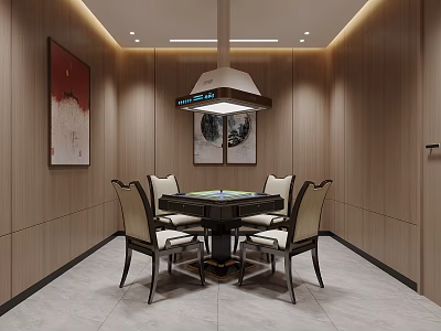 Hotel Mahjong Room Interior Design With Wooden Walls Chandelier Mahjong Table And Chairs 3d model