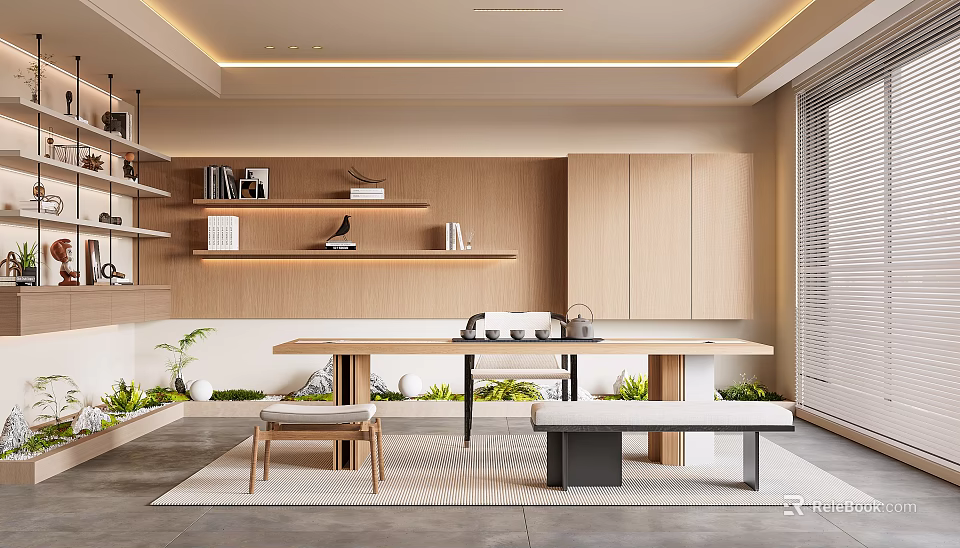 Modern Tea Room Interior With Long Table Tea Sets And Green Plants 3d model