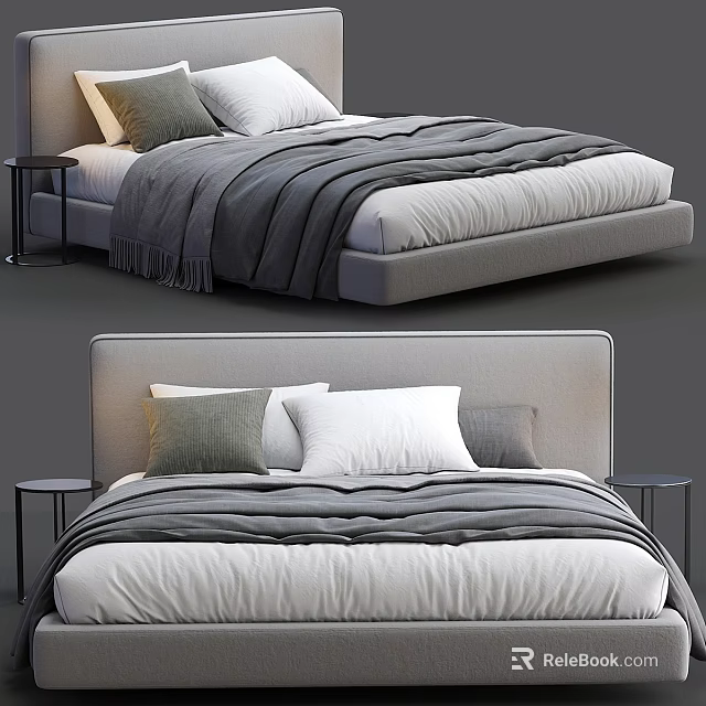 Modern Double Bed Design With Gray And White Pillows Soft Blanket And Nightstand 3d model 