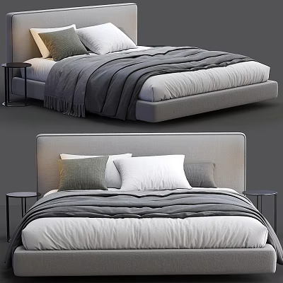 Modern Double Bed Design With Gray And White Pillows Soft Blanket And Nightstand 3d model