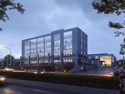 Modern Industrial Factory Building Exterior Design with Multi Storey Glass Windows and Surrounding Roads Greenery 3d model