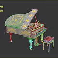 Elegant Ornate Piano With Golden Painted Artwork Red Stool And Small Photo Frame