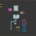Blue Toilet In Bathroom With Open Lid White Sink Green Bucket And Wall Mirror