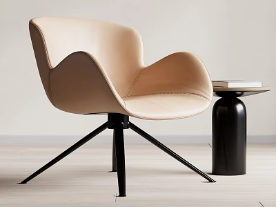 Modern Beige Leather Accent Chair With Black Metal Legs And Side Table On Wooden Floor 3d model