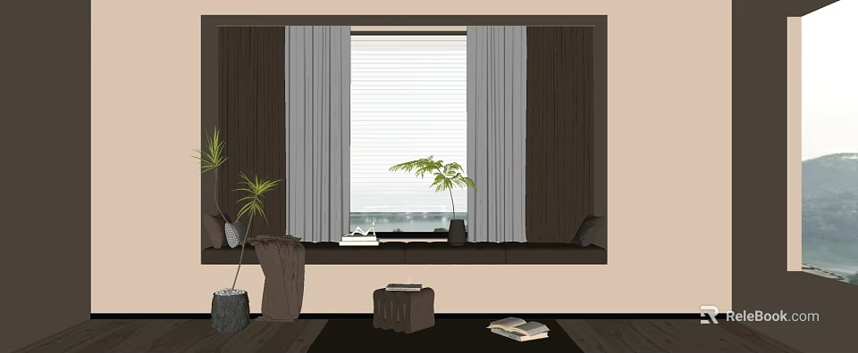 Cozy Bay Window Design Gray Brown Curtains Wooden Sill Potted Plants And Books 3d model 