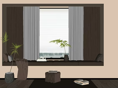 Cozy Bay Window Design Gray Brown Curtains Wooden Sill Potted Plants And Books 3d model