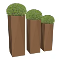 Modern Metallic Planters with Round Topiary Plants in Various Heights