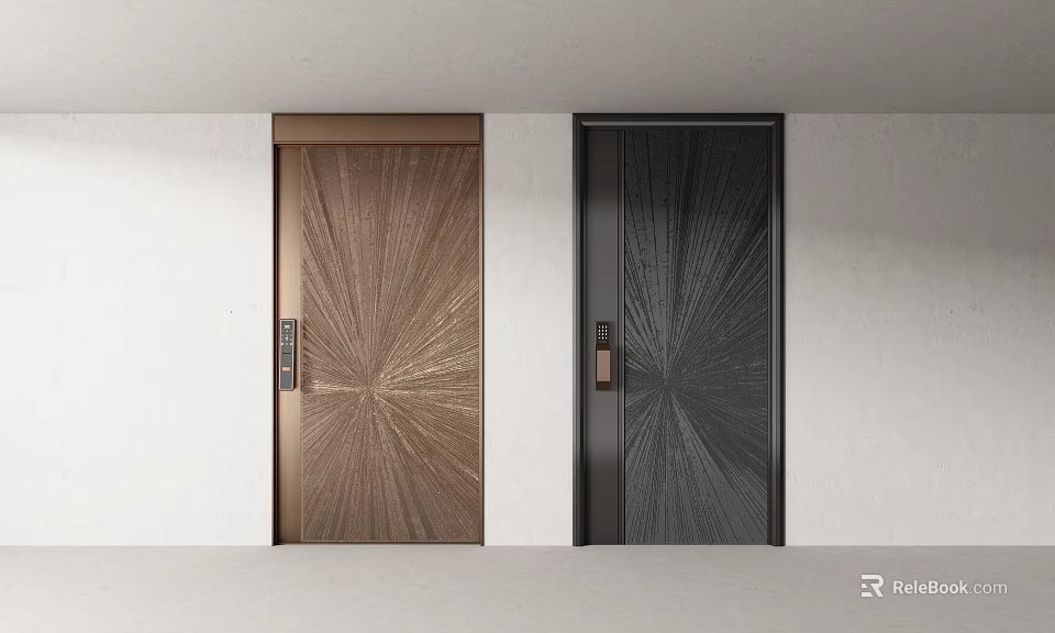 Modern Brown And Black Entrance Doors With Radiating Patterns Mounted On White Wall Background 3d model 