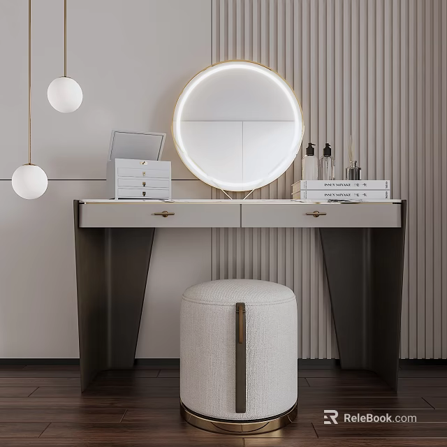 Modern Minimalist Dressing Table With Round Mirror Drawers White Pendant Lights And Vertical Striped Wall 3d model 