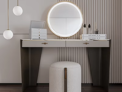 Modern Minimalist Dressing Table With Round Mirror Drawers White Pendant Lights And Vertical Striped Wall 3d model