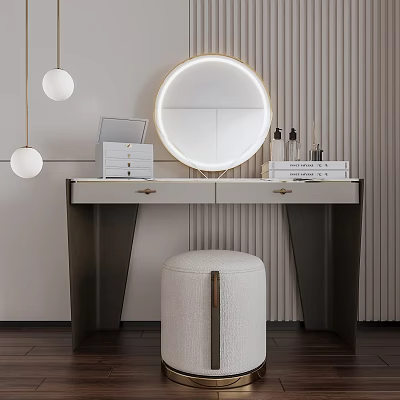 Modern Minimalist Dressing Table With Round Mirror Drawers White Pendant Lights And Vertical Striped Wall 3d model