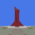 Red Monument Structure With Star Shaped Plaza Symmetrical Design And Green Lawn