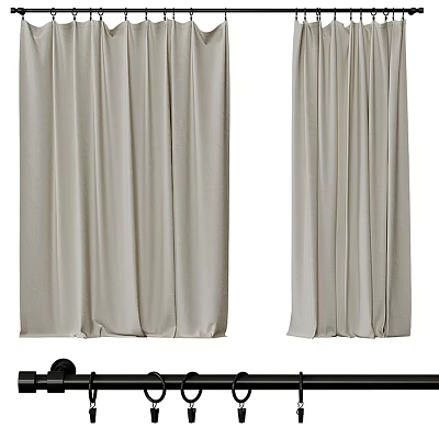 Beige Pleated Curtains With Elegant Drape Design And Curtain Rod For Home Decor 3d model