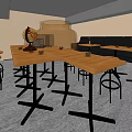 Two Level Open Restaurant Interior With Tables Chairs Palm Plant Shelves And City View