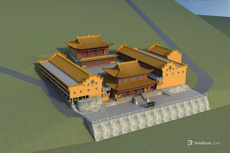 Traditional Chinese Ancient Architecture With Yellow Tiled Roofs And Stone Wall Courtyard 3d model 