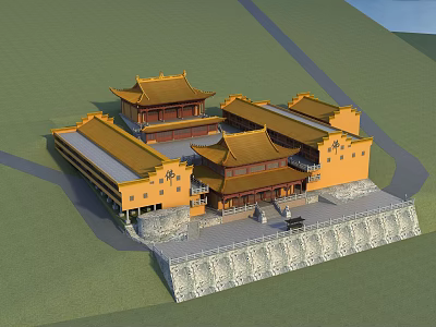 Traditional Chinese Ancient Architecture With Yellow Tiled Roofs And Stone Wall Courtyard 3d model