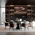 Modern Elegant Restaurant Interior With Dining Table Chairs Wine Shelves And Chandelier Lighting