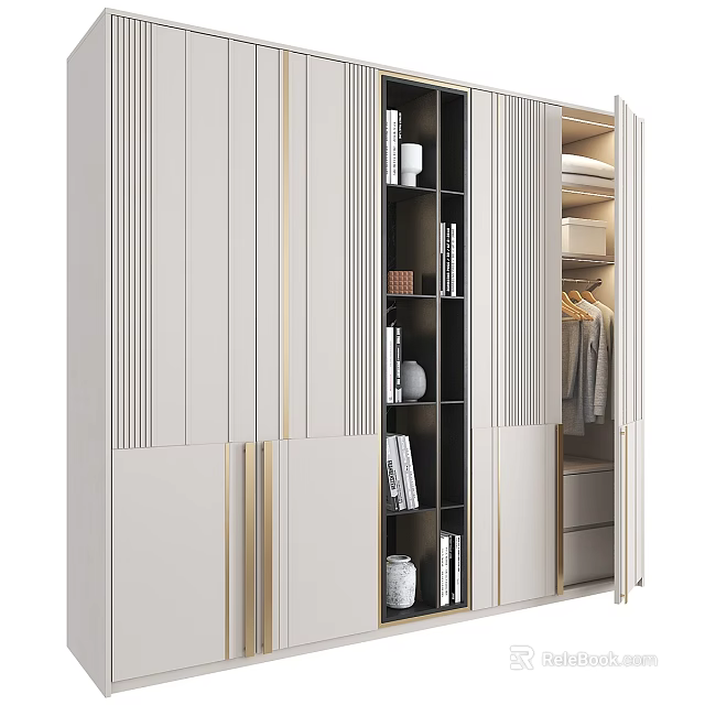 Elegant Modern Wardrobe Interior With Light Wood Finish Gold Accents Storage Shelves And Hanging Area 3d model 