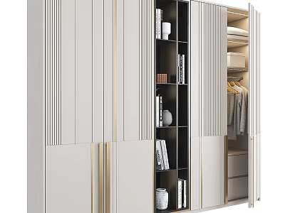 Elegant Modern Wardrobe Interior With Light Wood Finish Gold Accents Storage Shelves And Hanging Area 3d model