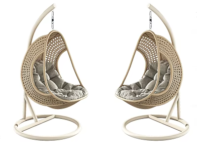 Modern Rattan Hanging Chair With Soft Gray Cushions And Sturdy Round Base Design 3d model