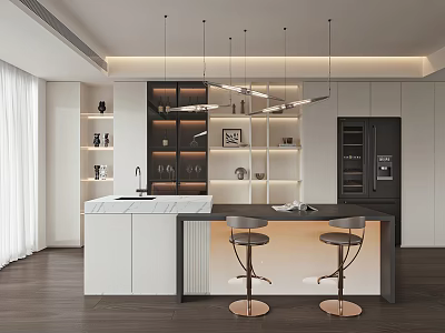 Modern Restaurant Kitchen Design With Island Counter Pendant Lights Cabinets And Bar Stools 3d model