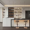 Modern Restaurant Kitchen Design With Island Counter Pendant Lights Cabinets And Bar Stools