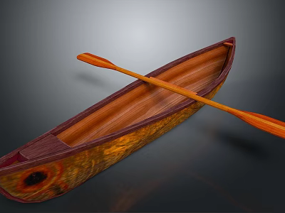 Elegant Handcrafted Wooden Canoe With Long Paddle On Dark Surface And Detailed Hull 3d model