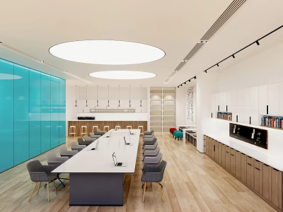 Modern Lounge Area Design With Long Table Gray Chairs And Blue Glass Wall 3d model