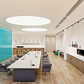 Modern Lounge Area Design With Long Table Gray Chairs And Blue Glass Wall