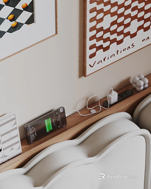 Smartphone Charging on Wooden Shelf with Power Adapter and Battery 3d model 