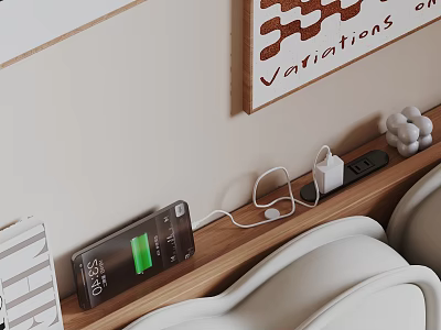 Smartphone Charging on Wooden Shelf with Power Adapter and Battery 3d model
