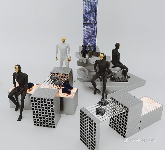 Modern Modular Display Shelves With Geometric Structure Black White Mannequins And Displayed Items 3d model 