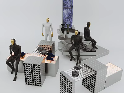 Modern Modular Display Shelves With Geometric Structure Black White Mannequins And Displayed Items 3d model