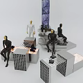 Modern Modular Display Shelves With Geometric Structure Black White Mannequins And Displayed Items