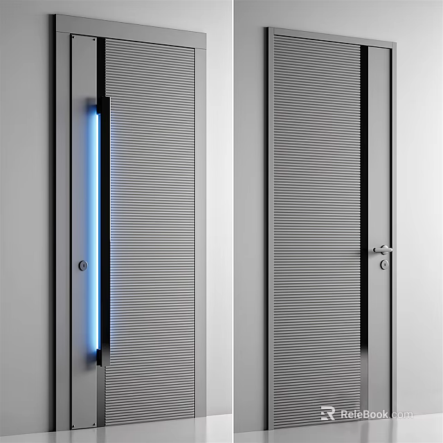 Modern Slatted Swing Door With Vertical Lines And Blue Light Detail 3d model 
