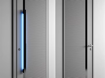 Modern Slatted Swing Door With Vertical Lines And Blue Light Detail 3d model