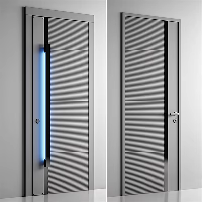 Modern Slatted Swing Door With Vertical Lines And Blue Light Detail 3d model