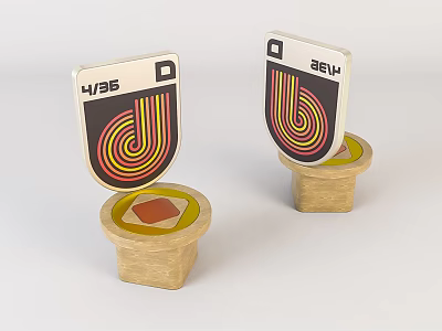 Two Numbered Decorative Emblems With Wooden Base And Colorful Spiral Design 3d model