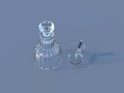 Transparent Glass Lidded Bottle and Small Cup with Reed Sticks as Daily Household Items 3d model