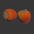 Two Fresh Persimmons With Green Calyx On Black Reflective Surface