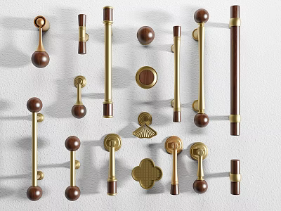 Modern Brass And Wooden Cabinet Handles In Gold Brown Tones With Various Designs 3d model