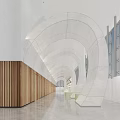 Modern Artistic Office Corridor Interior With Curved Arch Design And Cozy Lounge Seats Beside Windows