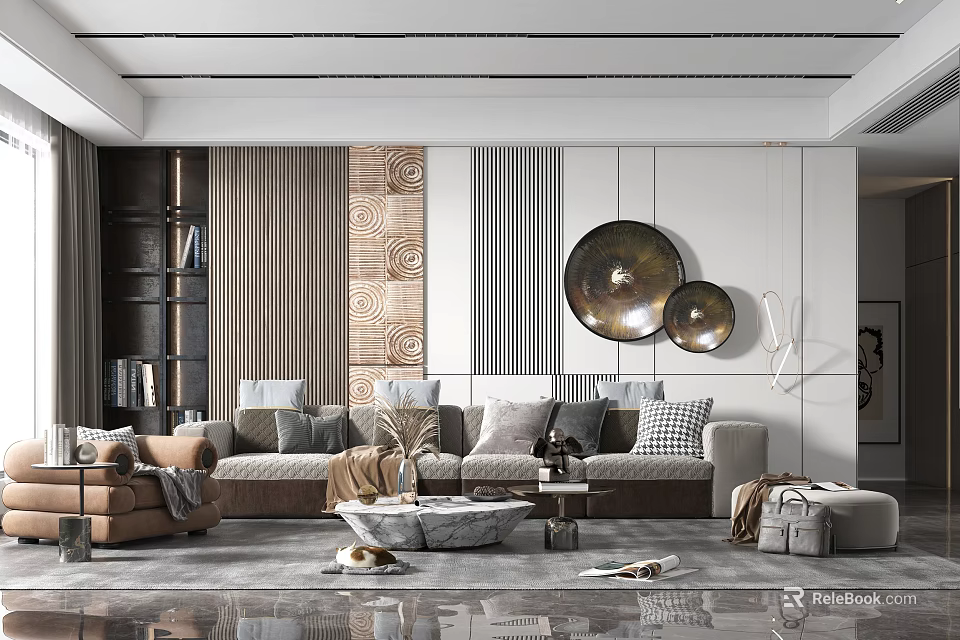 Modern Living Room Interior With Sofa Multiple Cushions Wooden Textured Wall And Metallic Circular Decor 3d model 