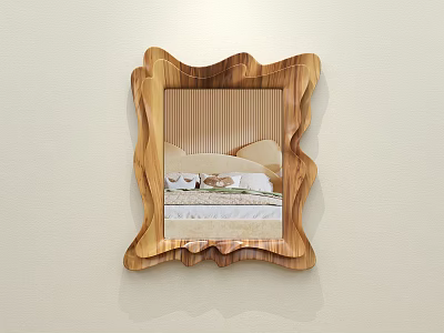 Mirror With Irregular Wooden Frame Reflecting Bedroom Scene With Bed And Pillows 3d model
