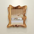 Mirror With Irregular Wooden Frame Reflecting Bedroom Scene With Bed And Pillows