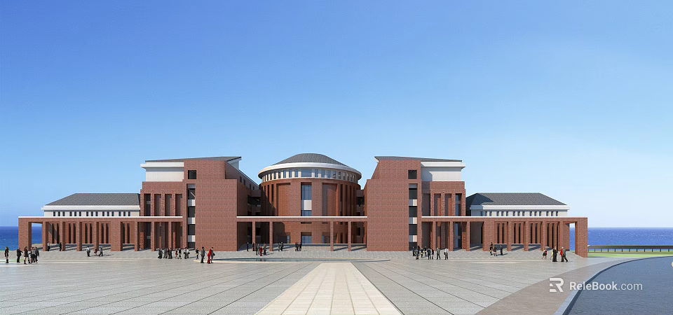 Red Brick Library Building With Symmetrical Design And Circular Dome Front Plaza With People Walking 3d model 